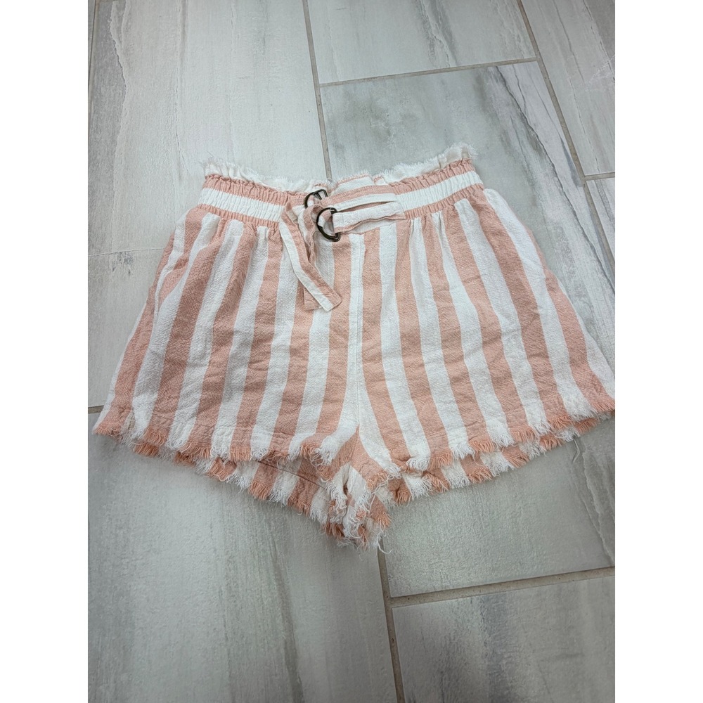 Umgee Peach White Stripe Linen Blend Paperbag Shorts Small A4721